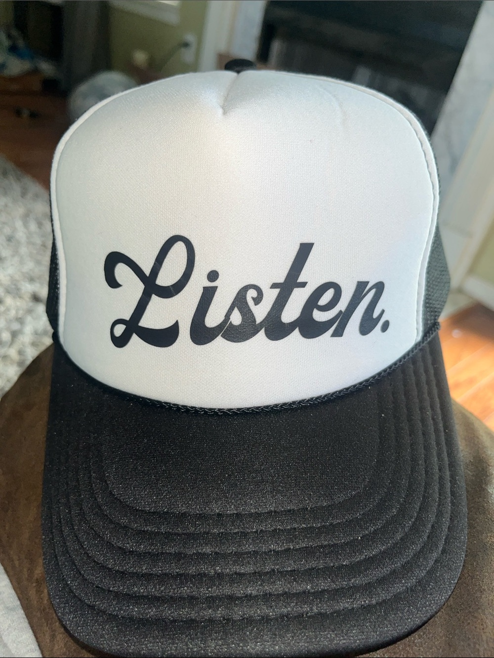 "Listen." Trucker Hat - Black and White
